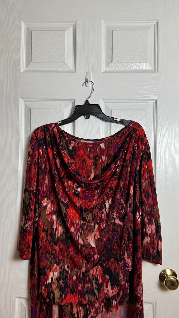Catherines 1X 18/20W Red Abstract Print Cowl Neck 3/4 Sleeve Top